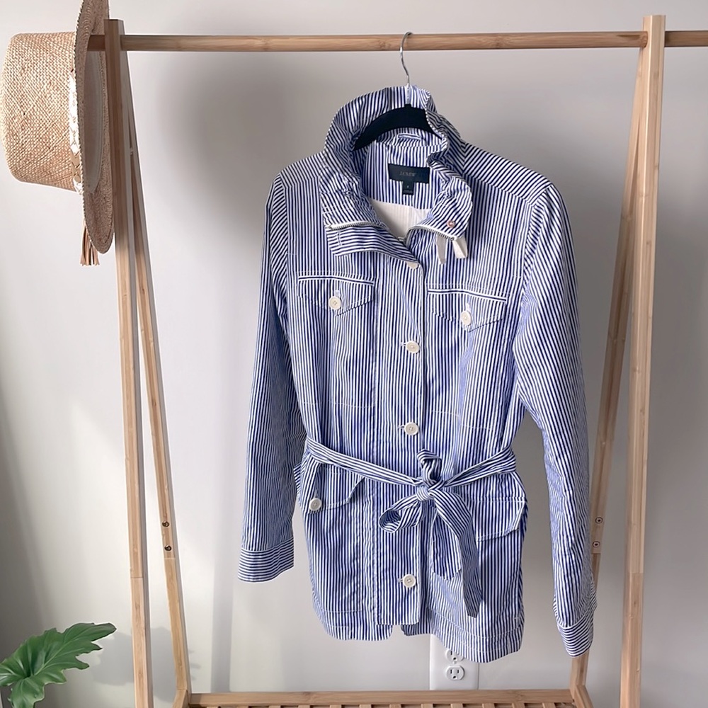 J Crew lightweight jacket, belted, blue and white striped, size S